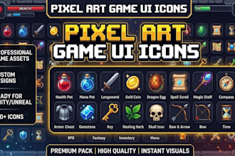 design pixel art game UI, icons, hud, game asset, game art, and sprite sheet