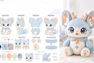 design custom plushie reference sheet for stuffed animal and character design