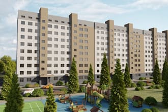 design 3d apartment residential building, urban housing render, complex exterior