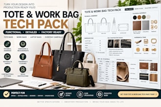 create tote bag, work bag, laptop bag and duffle bag tech pack for production