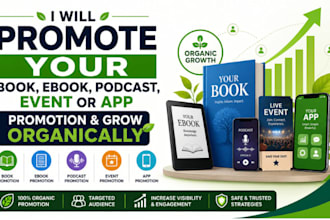 promote your book, ebook, podcast, event or app, promotion and grow organically