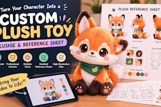 design custom plush toy, plushie and plush reference sheet