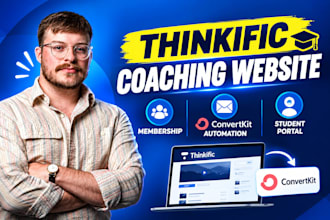 setup thinkific coaching website, membership, convertkit automation, portal