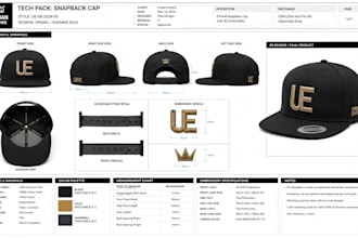 design cap tech pack, baseball cap, snapback, hat specs and production details