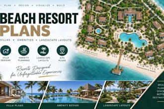 create beach resort floor plans, vilas, amenities landscape layouts
