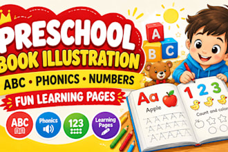 create preschool book illustration, phonics, abc, numbers and learning pages