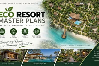 design eco resort master plans, cabins amenities, site layouts
