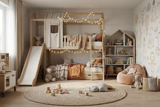 design cozy kids room, playroom, nursery, kindergarten visual 3d rendering