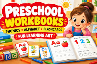 design preschool workbooks, phonics, alphabet, flashcards and learning art