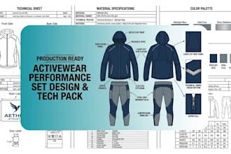create clothing tech packs, active wear, technical flats and spec sheets