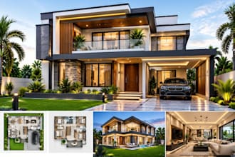 design a contemporary house with floor plan and 3d rendering