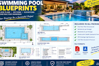 create swimming pool blueprints, floor plans, sections, and elevations