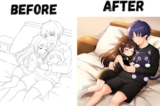 draw cute anime couple art, romantic anime illustration and character art