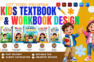design kids educational workbook, textbook acitivty book puzzle book, book cover