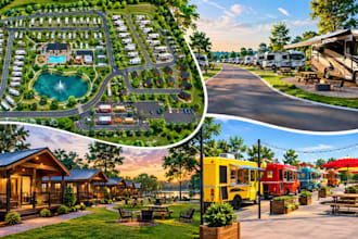 design 2d and 3d rv park, campground, caravan park, rv resort an food truck park