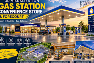 create a 3d gas station, convenience store and forecourt visualization