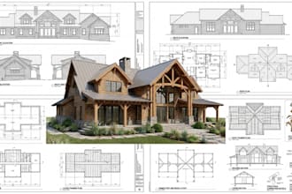 do construction drawing, timber frame, wood frame and rendering