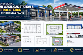 design car wash, gas station and petrol station 3d rendering and plans