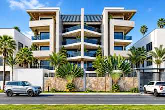 design 3d luxury real estate, residential apartment, glass balcony, stone facade
