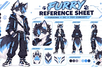 create custom furry reference sheet, furry toy design, fursona or oc design