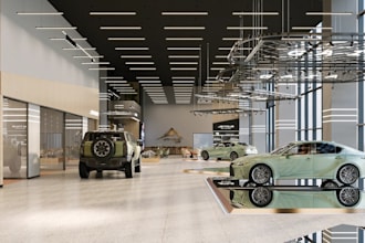 rebuild 3d automotive showroom,industrial ceiling,modern car showroom cgi render