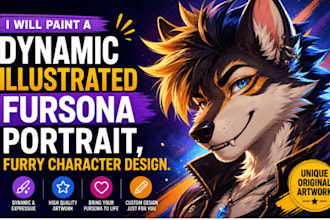 paint a dynamic illustrated fursona portrait, furry character design