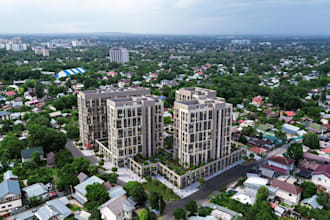 develop site 3d render, mixed use complexes, aerial photomontage from drone shot