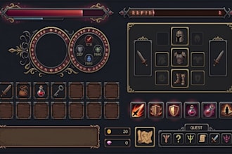 design pixel art game UI, hud, buttons, icons and backgrounds