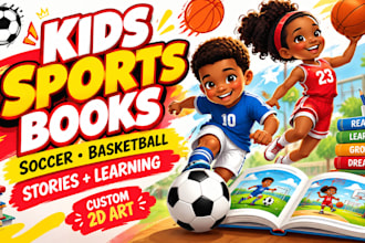 illustrate kids sports books, soccer, basketball, stories and learning