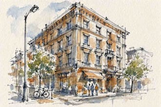 sketch architectural drawing with watercolor