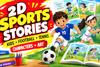 create 2d sports stories for kids, football, tennis, characters and art