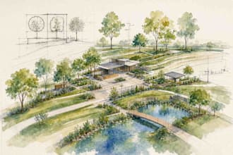 draw landscape architecture art in watercolor style