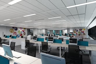 photoreal office interior render,3d conference room,cubicles,open plan workspace