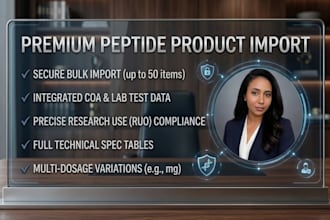 import peptide products with research coa and dosage specs to woocommerce
