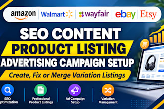list wayfair, etsy, ebay, amazon, walmart, tiktok sku, PPC setup advertising ads