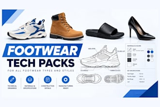 create footwear tech pack for all footwear types and styles with technical specs