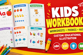illustrate educational workbooks, kids worksheets, activities, phonics and math