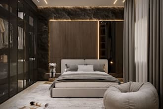 3d modern master bedroom interior design, custom wardrobe, wall panel cgi render