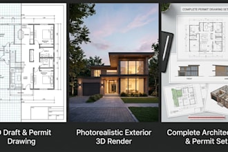 design architectural 2d floor plan, site plan, permit drawing, and 3d rendering