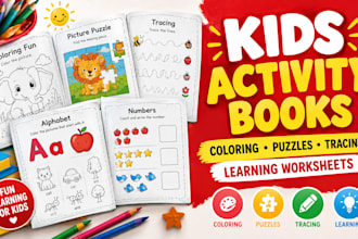 design kids activity books, coloring, puzzles, tracing and learning worksheets