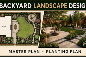 design backyard landscape layout, master plan, planting site plan, garden design