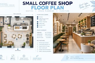 design small coffee shop floor plan with seating and space planning