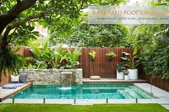 create realistic 3d backyard landscape design with garden, patio and pool