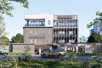 3d luxury apartment block, exterior stilt parking,led strip design,facade render