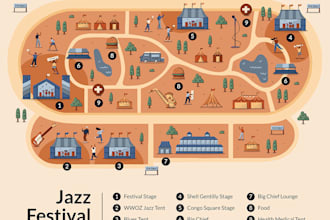 design a detailed festival map, event site map and visitor wayfinding guide