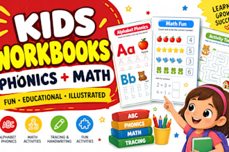 illustrate kids workbooks, worksheets, activities, phonics and math for learning