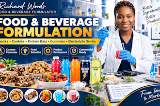 formulate snacks, cookies, protein bars, electrolyte drink, gummies and beverage