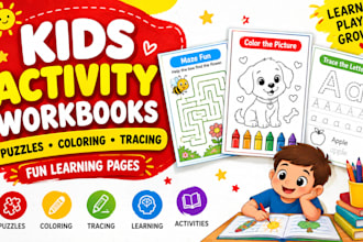design kids activity workbooks, puzzles, coloring, tracing and learning pages