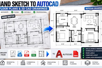 redraw hand sketch into autocad floor plans, 2d cad drawings
