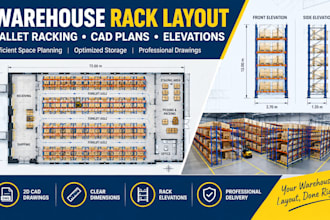 design warehouse rack layout, pallet racking plan and cad elevations